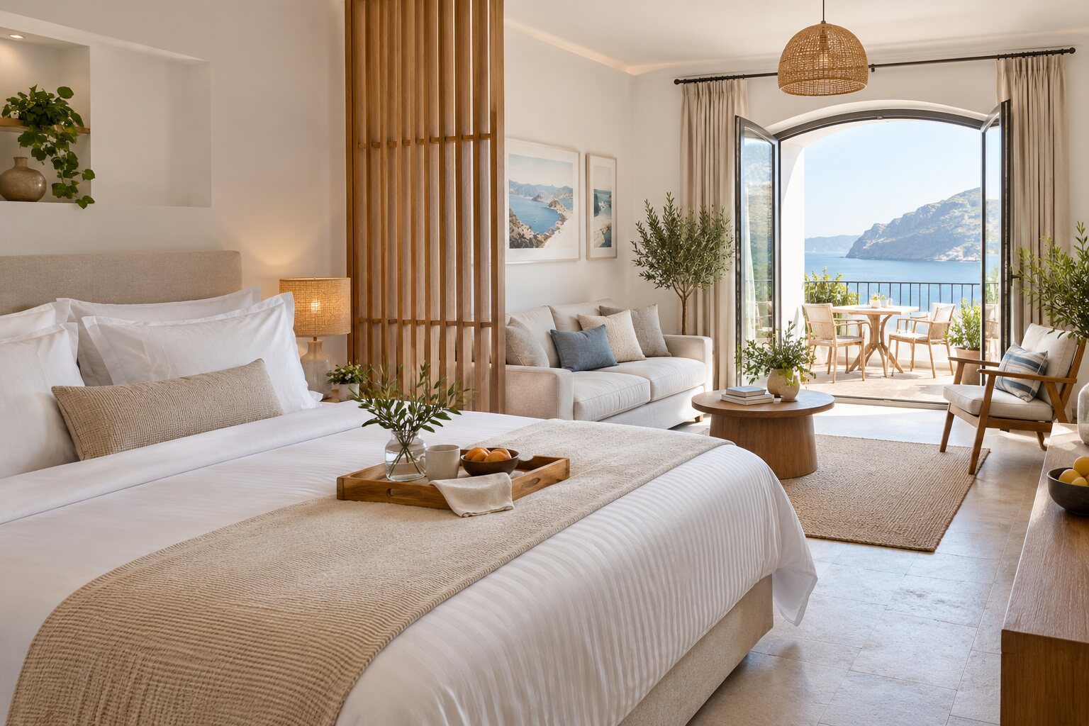 Apartamento de vivienda vacacional con dormitorio, salón y terraza con vistas al mar, listo para recibir huéspedes
