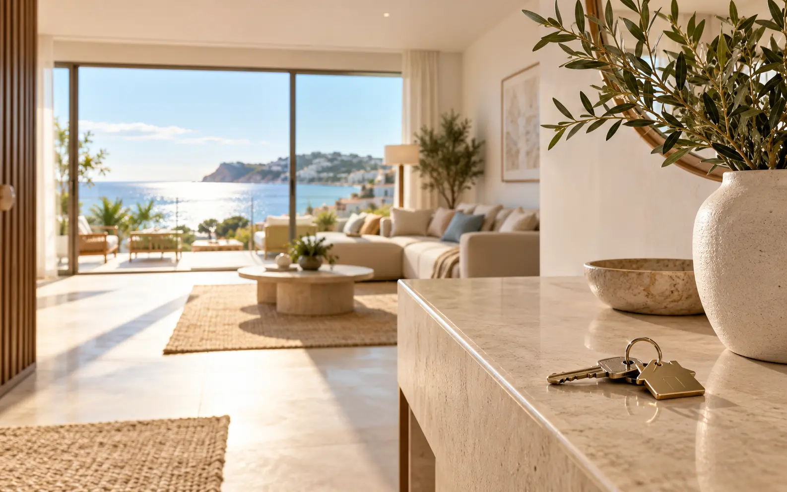 Llaves de un piso en venta sobre el mueble del recibidor, con el salón y el mar al fondo