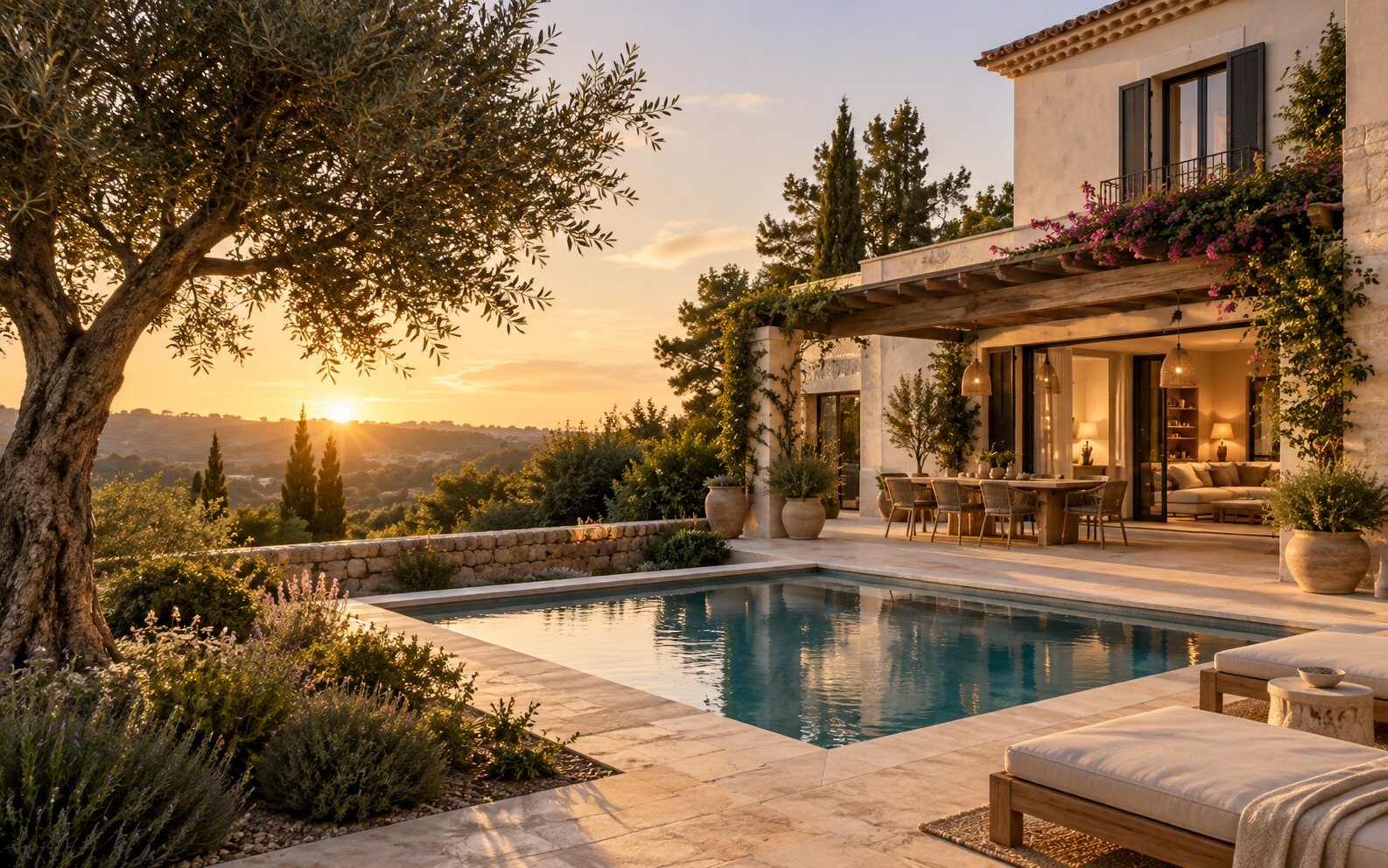 Casa con piscina y olivos al atardecer en España