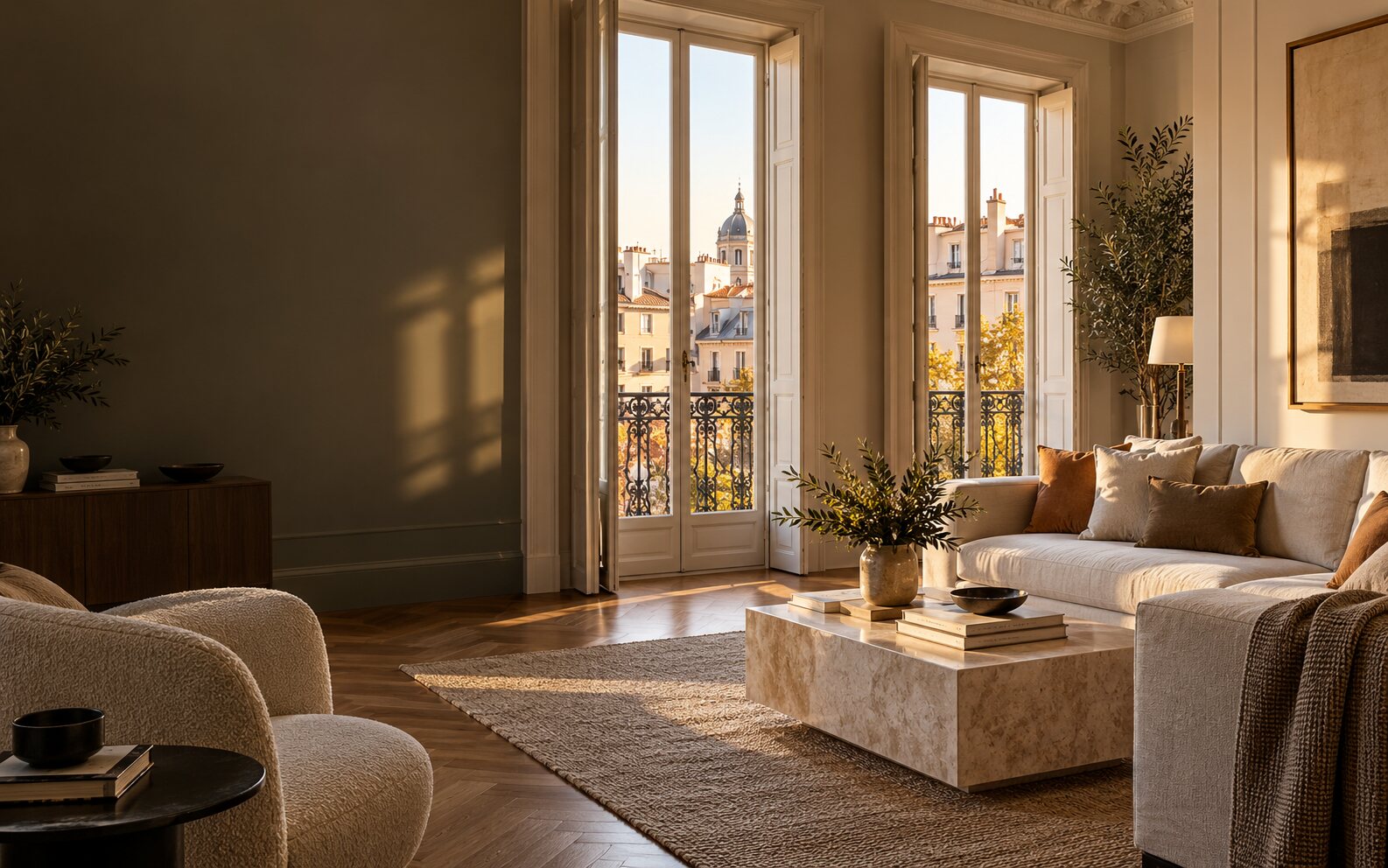 Salón de un piso clásico de Madrid con balcones a la calle y luz de tarde