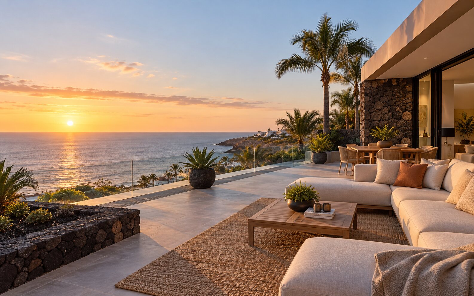 Terraza de una casa en la costa de Tenerife con vistas al mar al atardecer